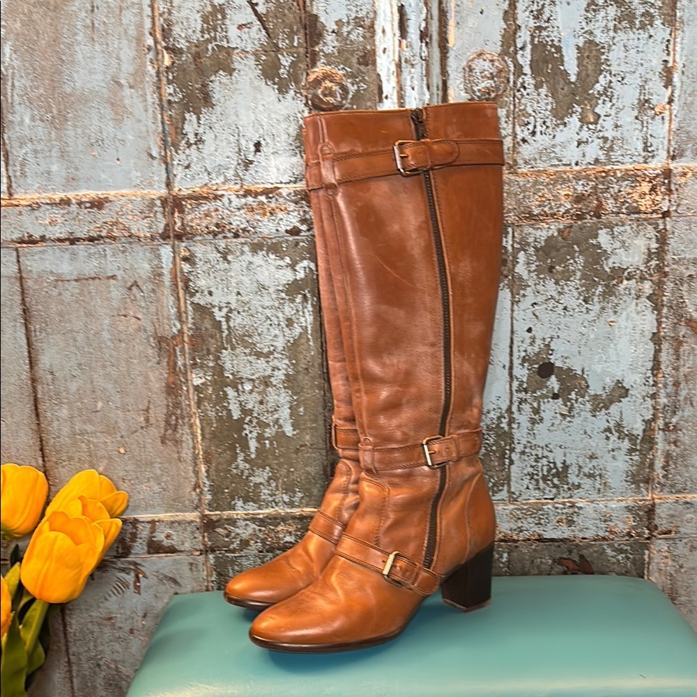 J.Crew Miller Motorcycle Leather Knee-High Zip Boots Brown Distressed size 8.5